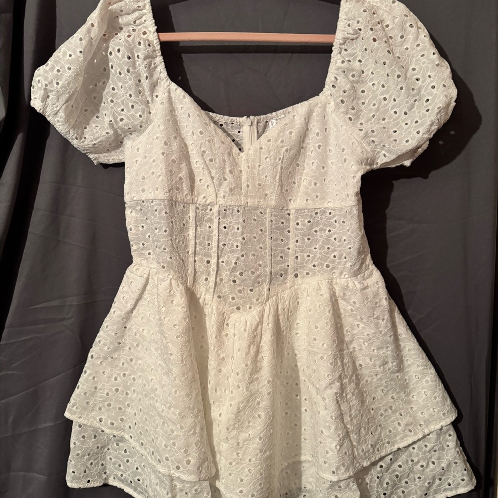 White Eyelet Puff Sleeve Dress